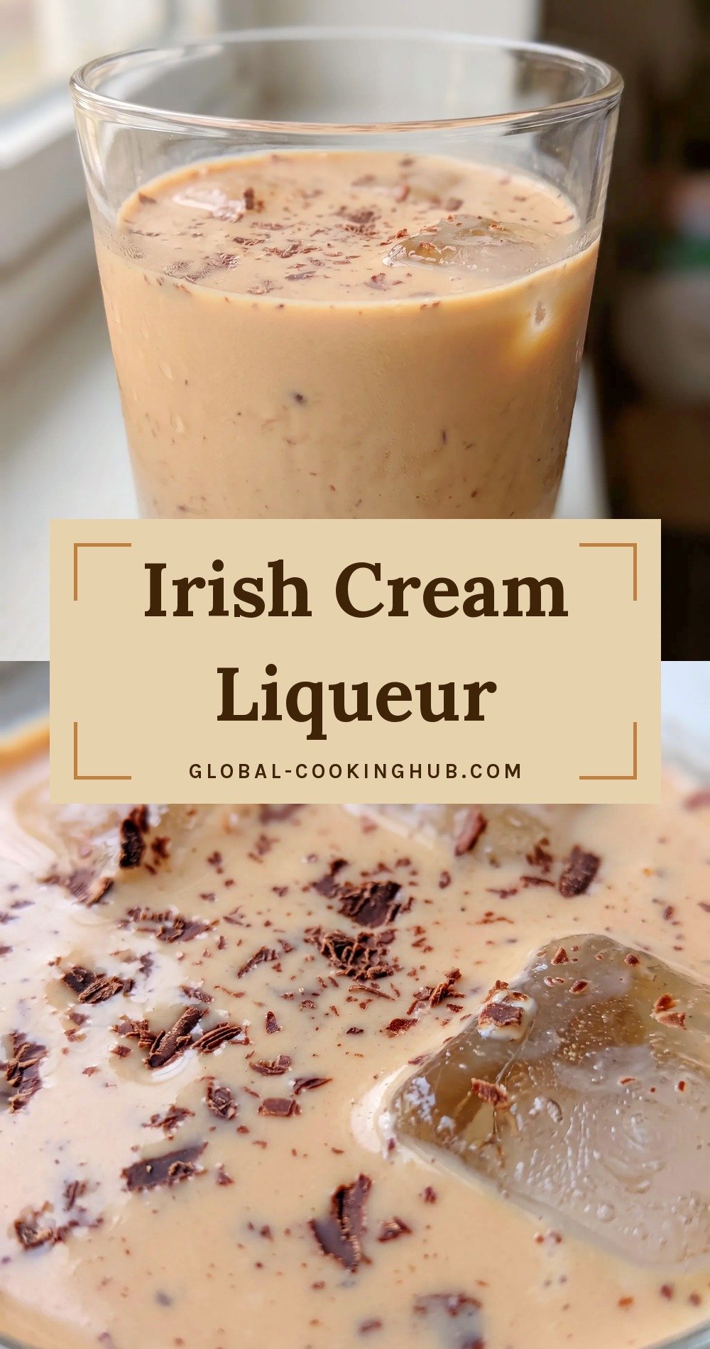 Pale cream liquid in a bottle beside heavy cream, whiskey, chocolate syrup, and sweetened condensed milk.