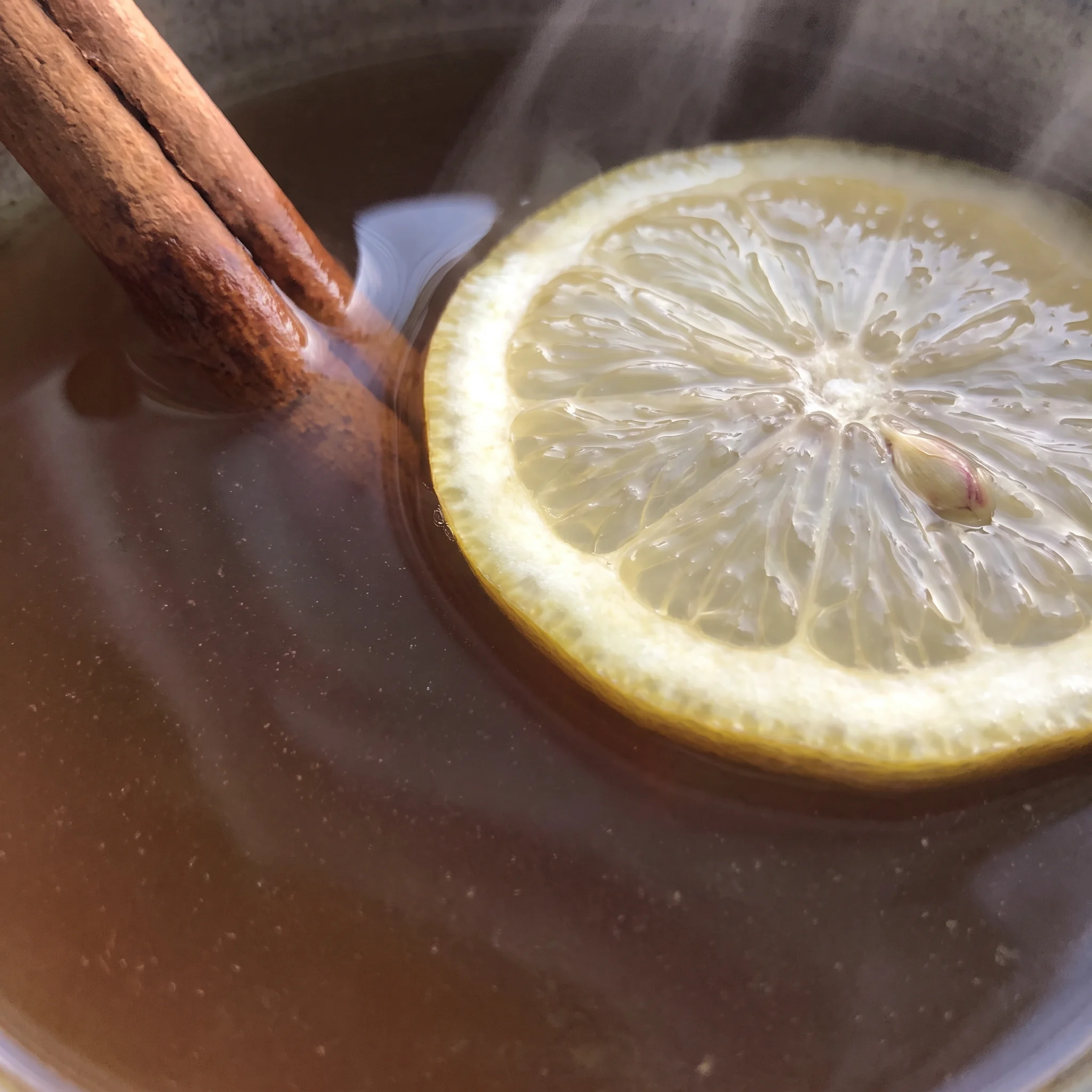 Amber tea with a pale lemon slice and a curled cinnamon stick, honey swirling.