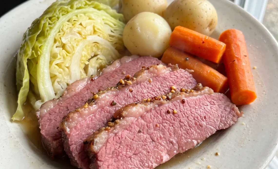 Corned beef and cabbage with carrots and potatoes, sliced beef next to pale green cabbage wedges and orange carrots.