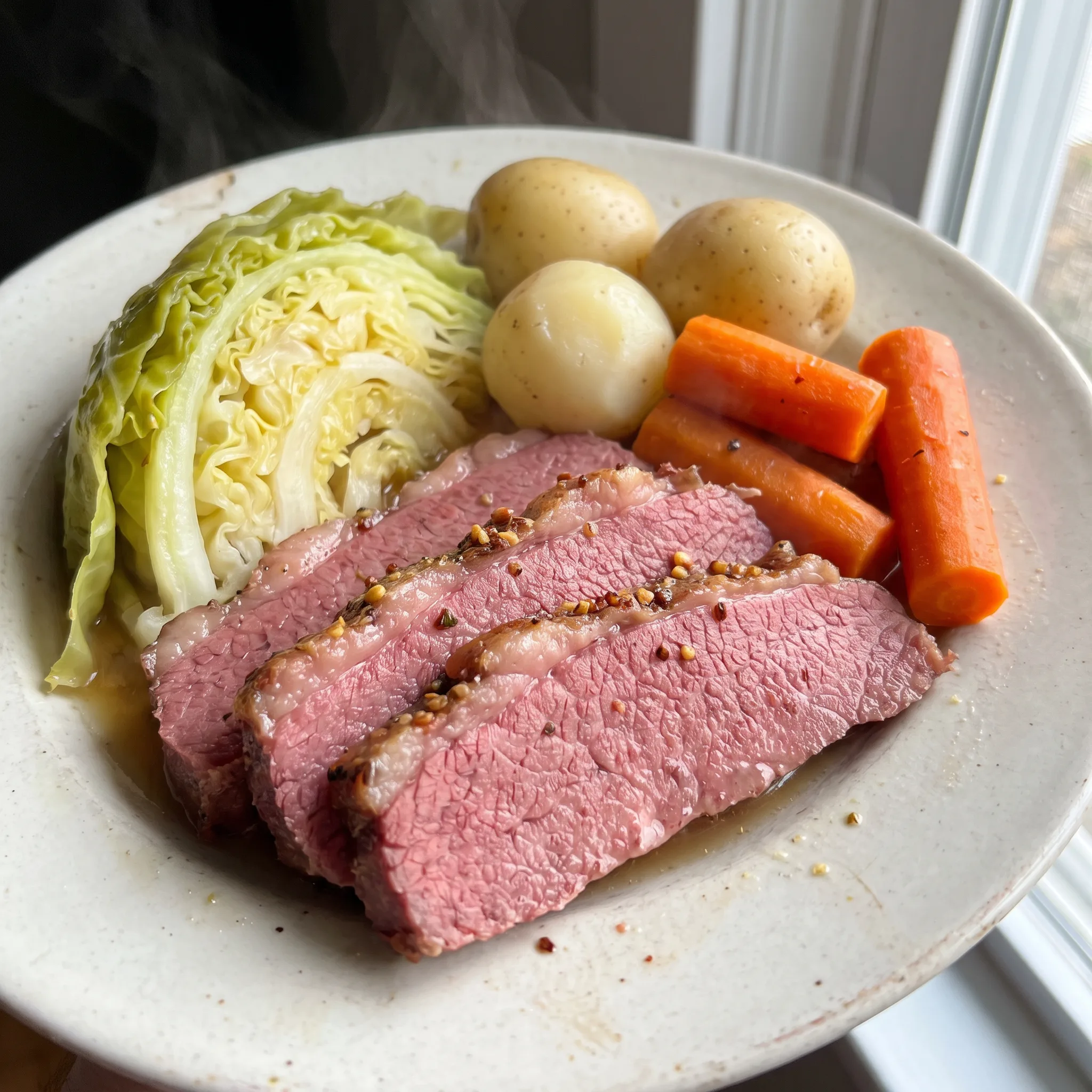 Corned beef and cabbage with carrots and potatoes, sliced beef next to pale green cabbage wedges and orange carrots.