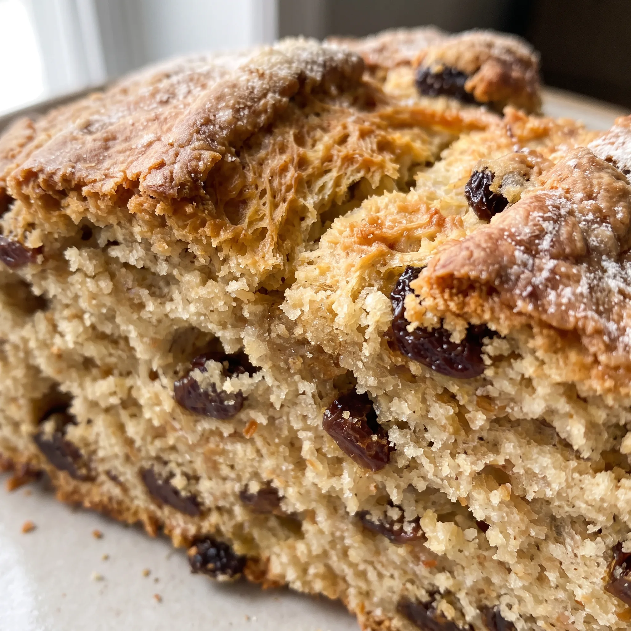 Rustic crust of Irish soda bread with wrinkled raisins and a tender, crumbly golden interior.