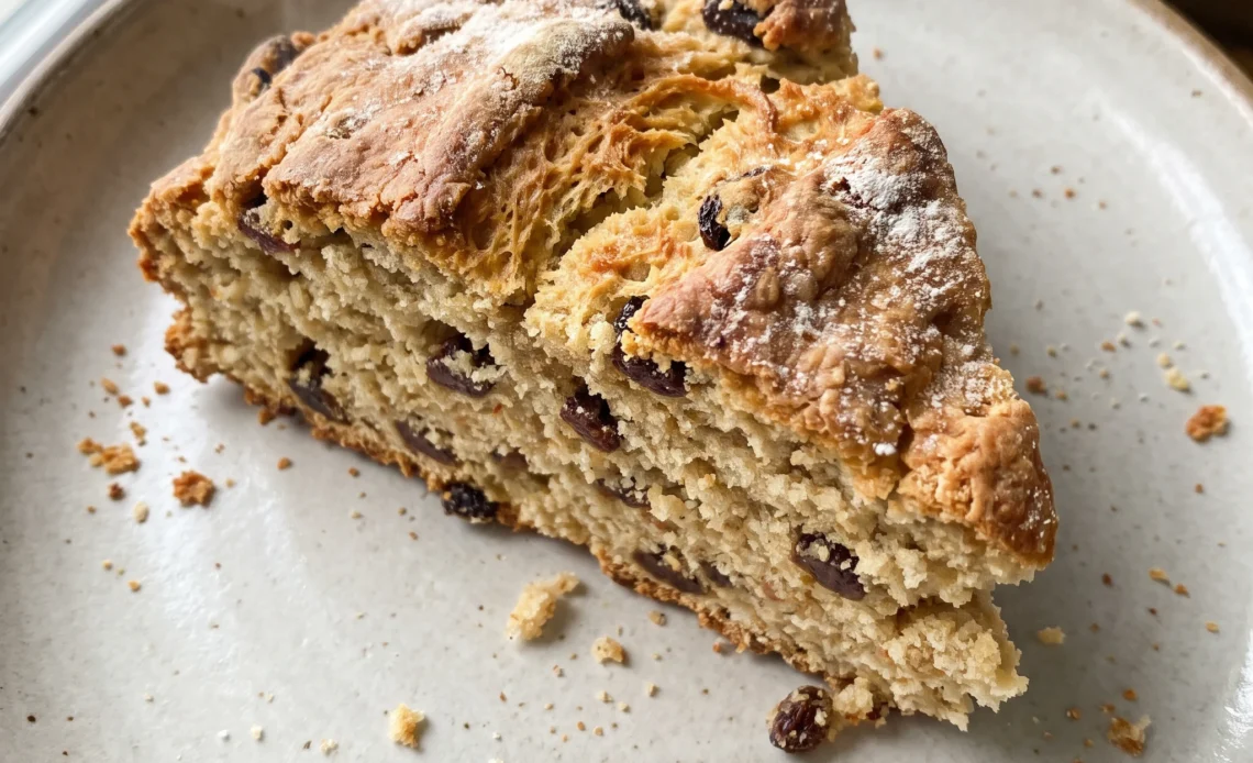 Round loaf of Irish soda bread with a golden brown crust and dark raisins scattered across the top.