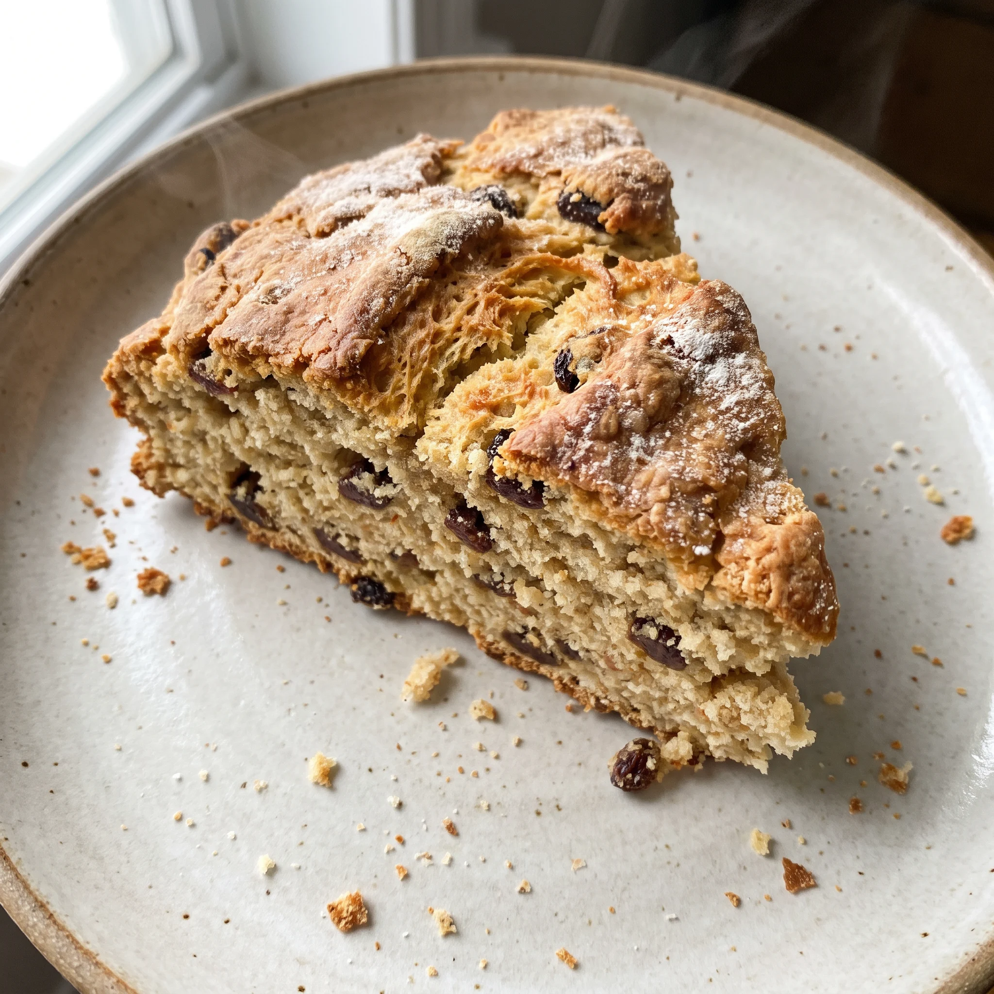 Round loaf of Irish soda bread with a golden brown crust and dark raisins scattered across the top.