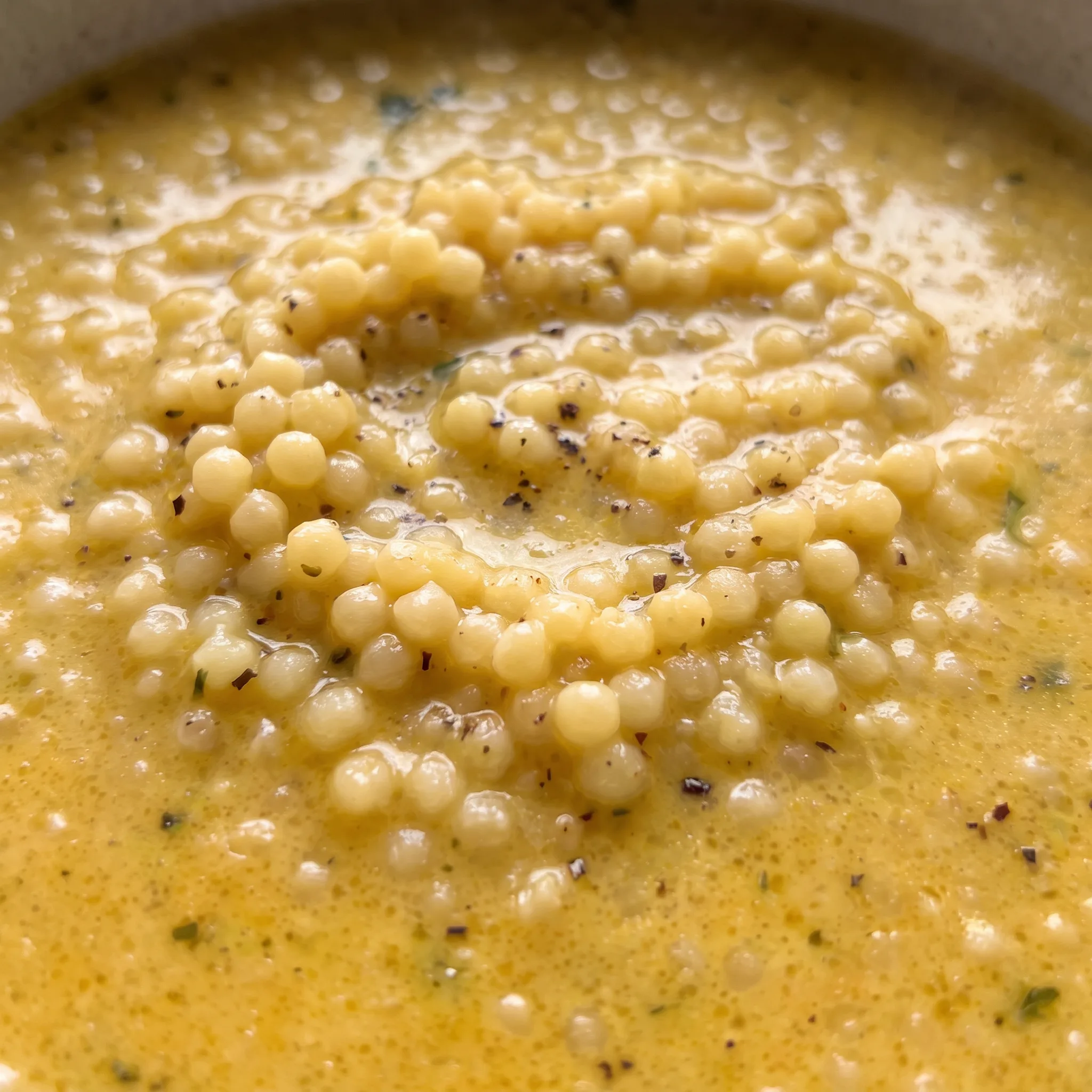 Small round acini di pepe pasta and soft egg curds in a creamy golden broth with bits of orange carrot and green celery.