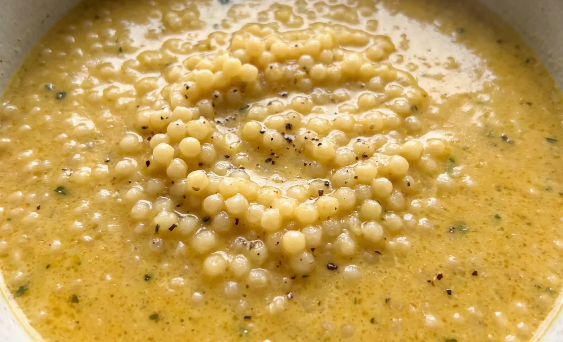 Creamy Italian egg broth soup with pale yellow egg pieces, small acini di pepe pasta, diced carrots, celery, onion, and garlic.