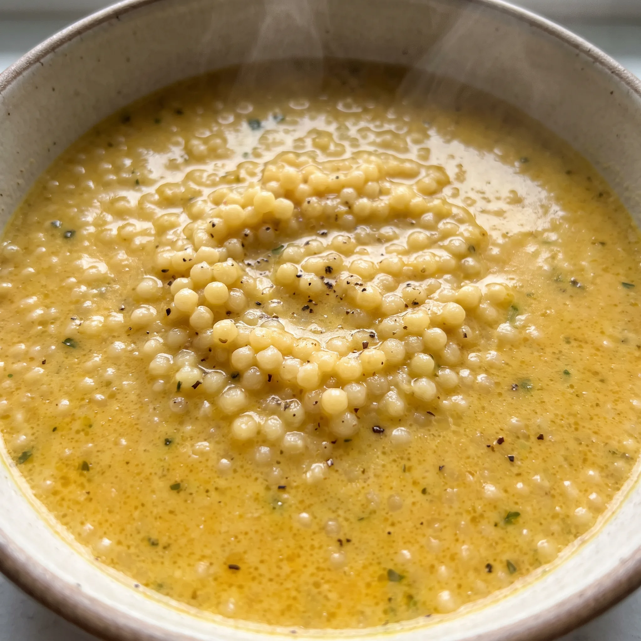 Creamy Italian egg broth soup with pale yellow egg pieces, small acini di pepe pasta, diced carrots, celery, onion, and garlic.