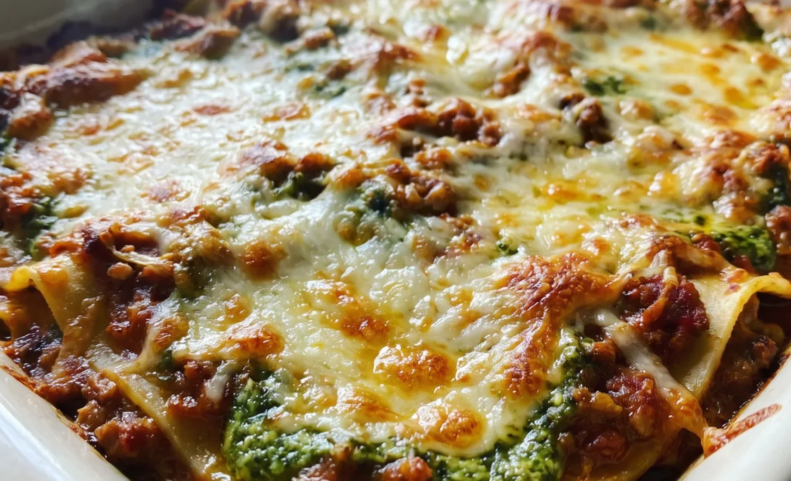 Christmas Eve lasagna bolognese with layers of lasagna noodles, bolognese sauce, basil pesto ricotta, melted mozzarella, and Italian cheese blend.