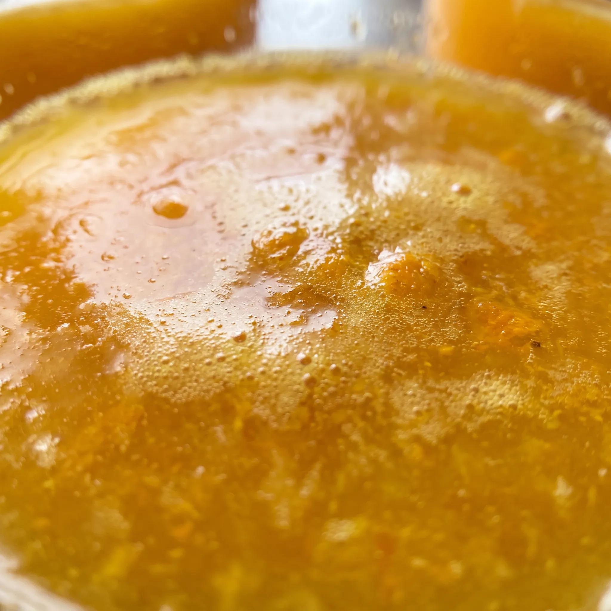 Bright yellow turmeric and ginger pulp with orange and lemon flecks in a thick liquid.
