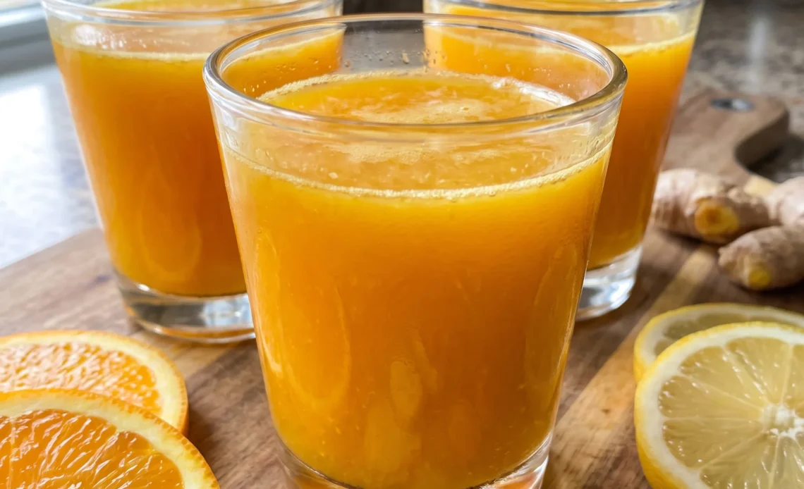 Lemon ginger turmeric immunity shot with orange, lemon, carrot, ginger and turmeric pieces.