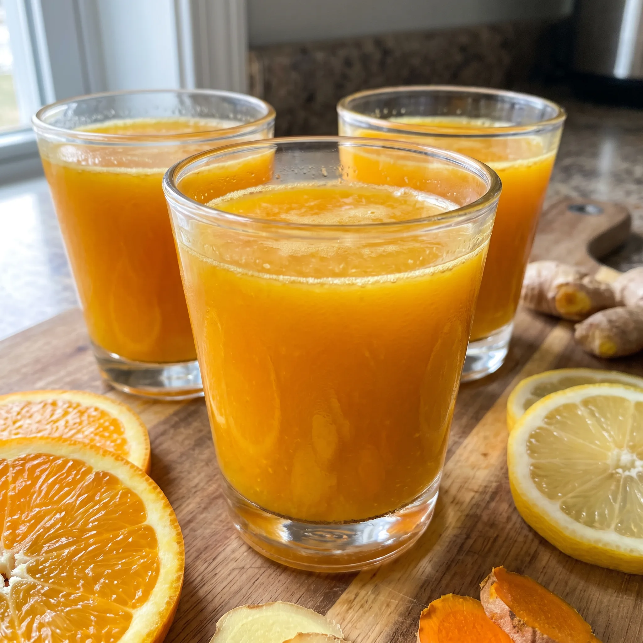Lemon ginger turmeric immunity shot with orange, lemon, carrot, ginger and turmeric pieces.