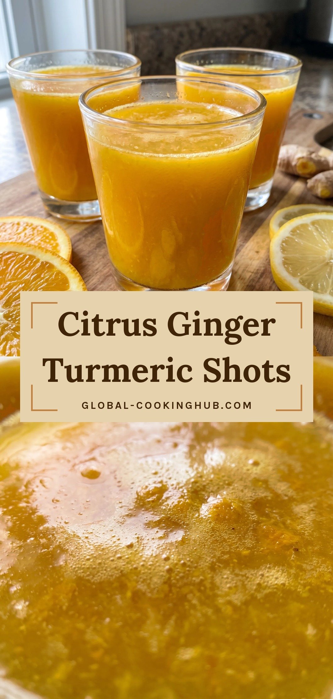 Bright orange, lemon, carrot, ginger, and turmeric pieces in a glass with golden juice.