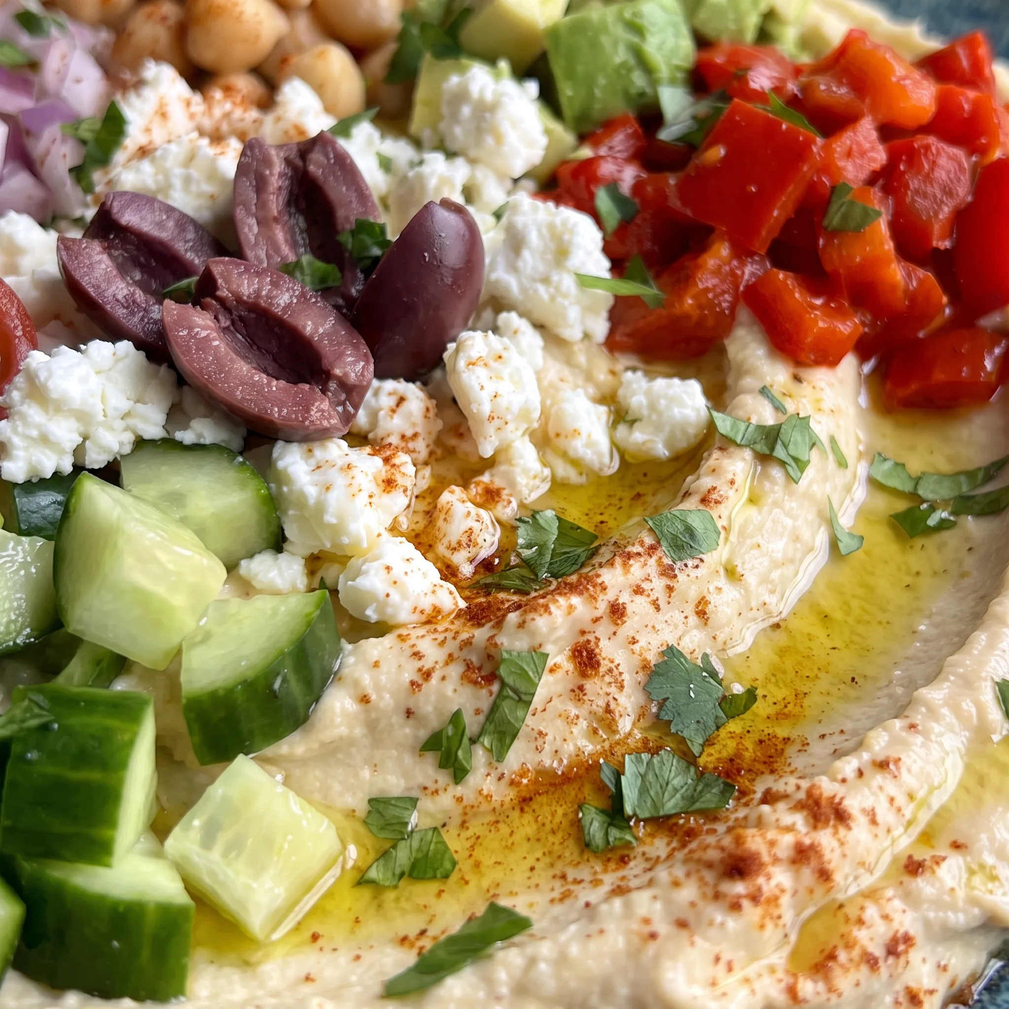 Creamy hummus spread with crumbled white feta, glossy olives, and diced red onion and tomato.