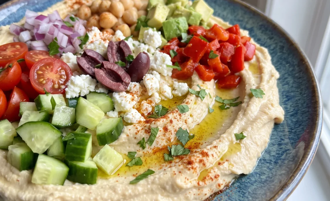 Hummus dip topped with diced cucumber, tomato, red onion, Kalamata olives, feta, chickpeas, and avocado slices.