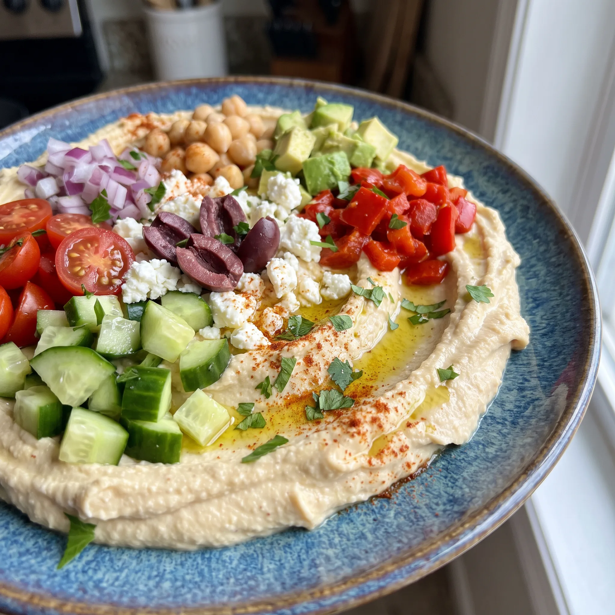 Hummus dip topped with diced cucumber, tomato, red onion, Kalamata olives, feta, chickpeas, and avocado slices.