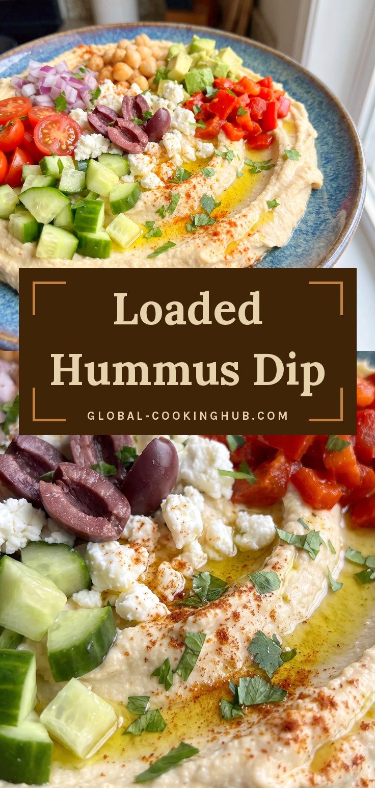 Platter of hummus topped with cucumber, tomatoes, red pepper, olives, feta, chickpeas and paprika.