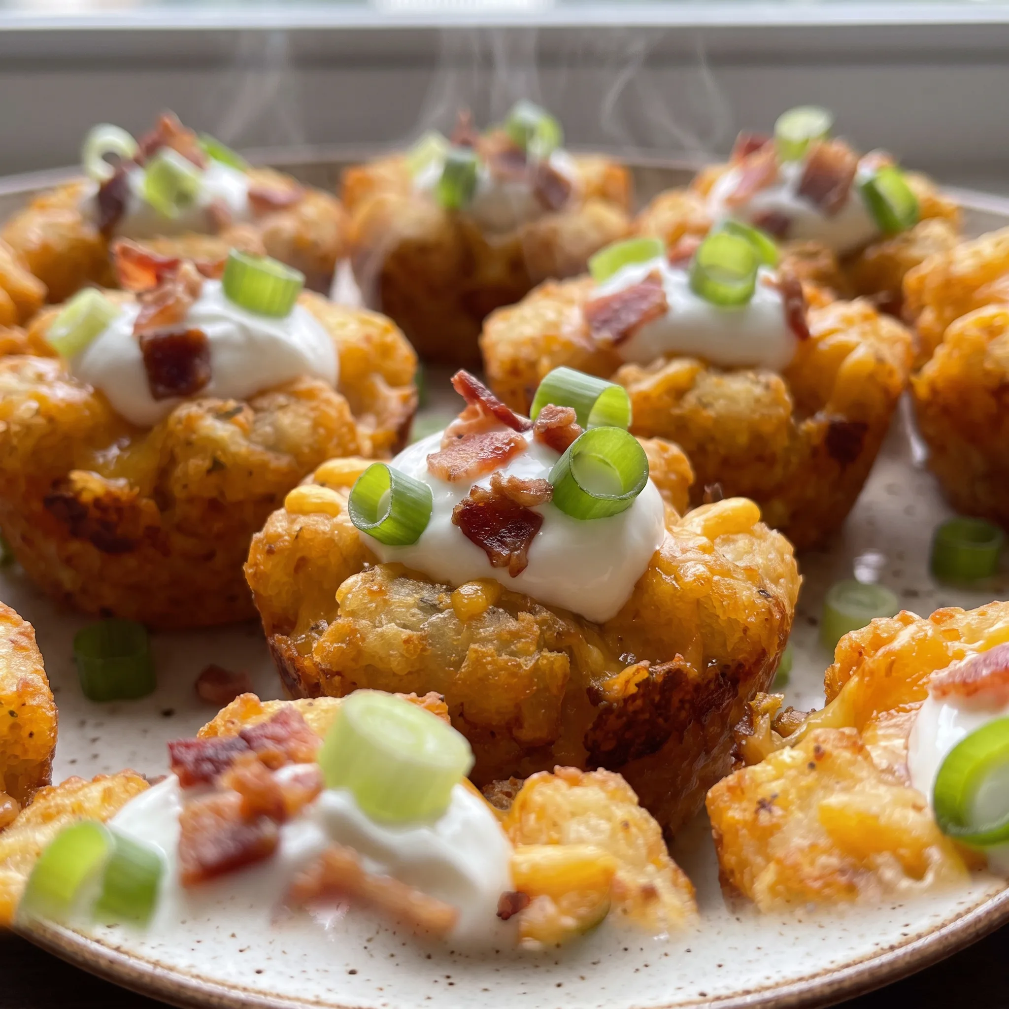 Crisp golden tater tot cups with gooey cheddar, bacon bits, cool sour cream, and green onion slices.