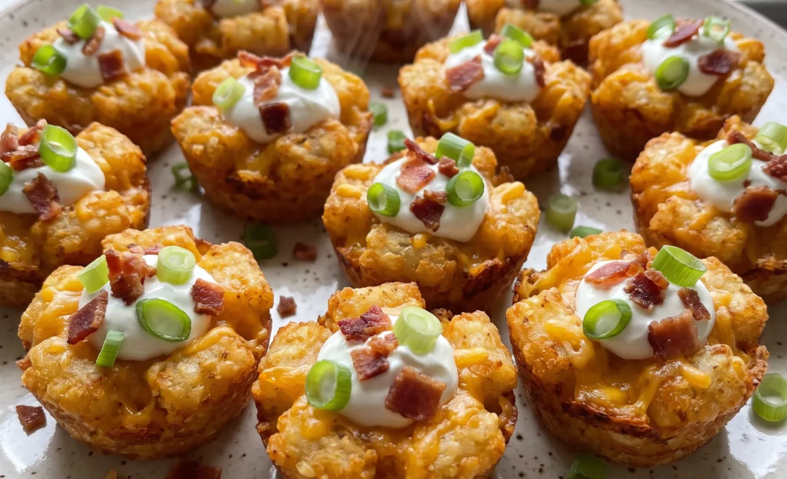 Tater tot cups filled with melted cheddar, crumbled bacon, sour cream, and sliced green onions.