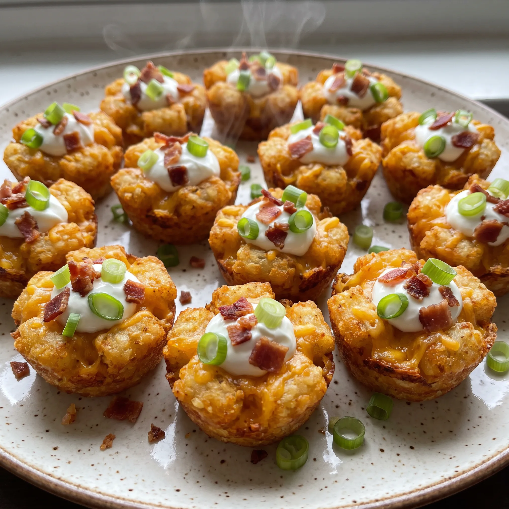Tater tot cups filled with melted cheddar, crumbled bacon, sour cream, and sliced green onions.