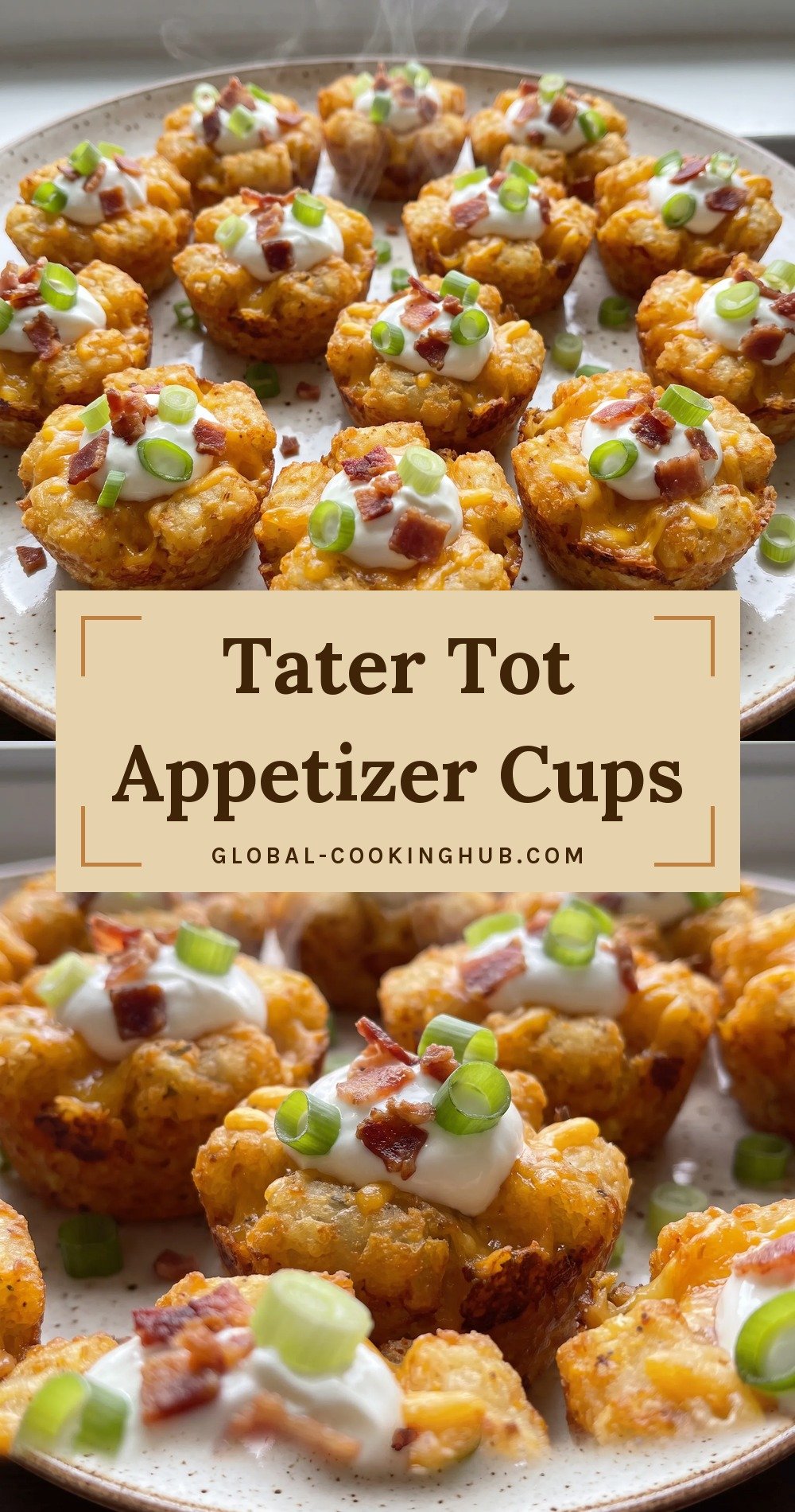 Golden-brown tater tot cups filled with melted orange cheddar, topped with white sour cream, crumbled bacon, and sliced green onions.