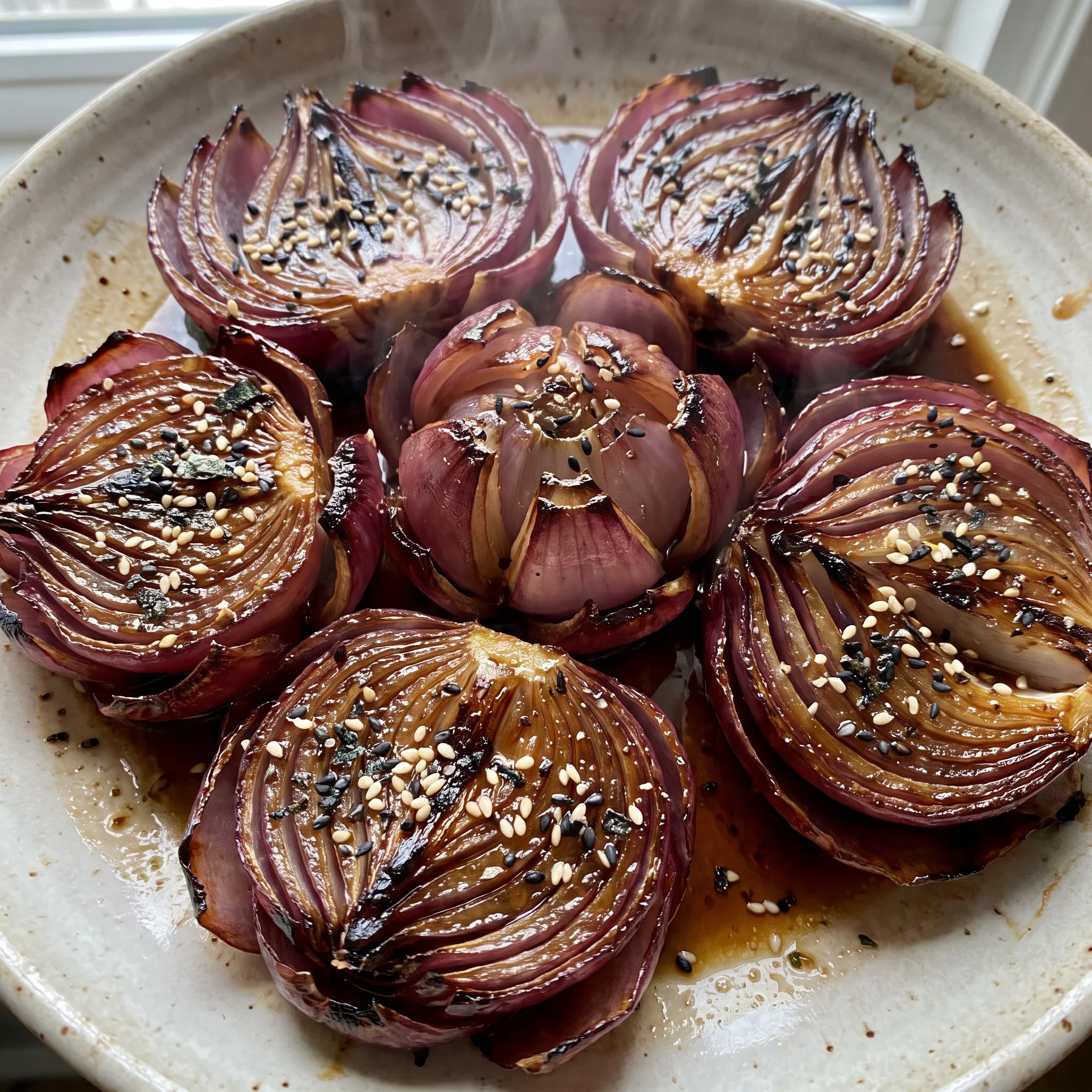 Gluten-free lotus flower onions with red onion petals glazed in honey and rice vinegar, topped with furikake.