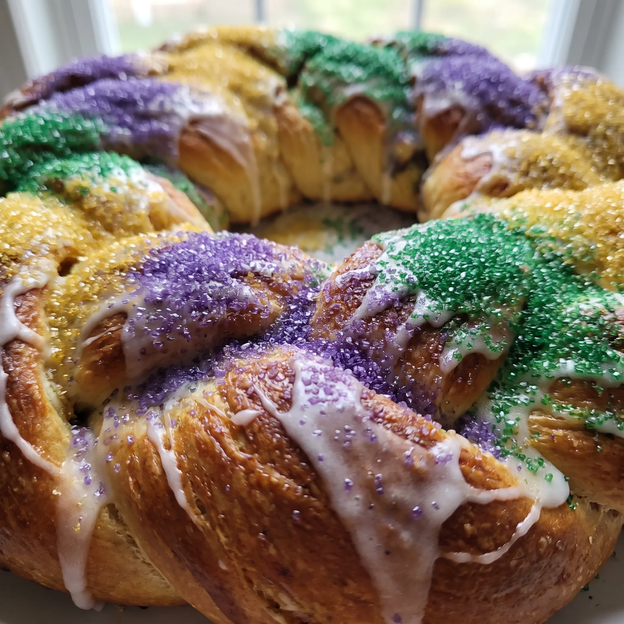 Mardi Gras king cake with cinnamon filling, frosting, and bands of purple, green, and gold sanding sugar.
