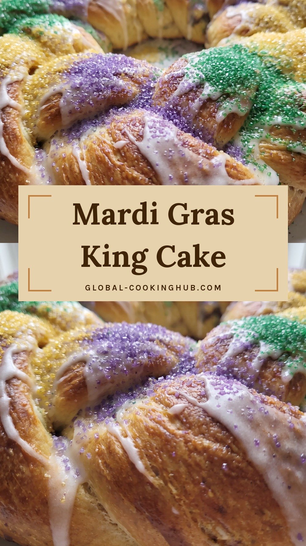 Braided king cake with white glaze and purple, green and gold sugar.