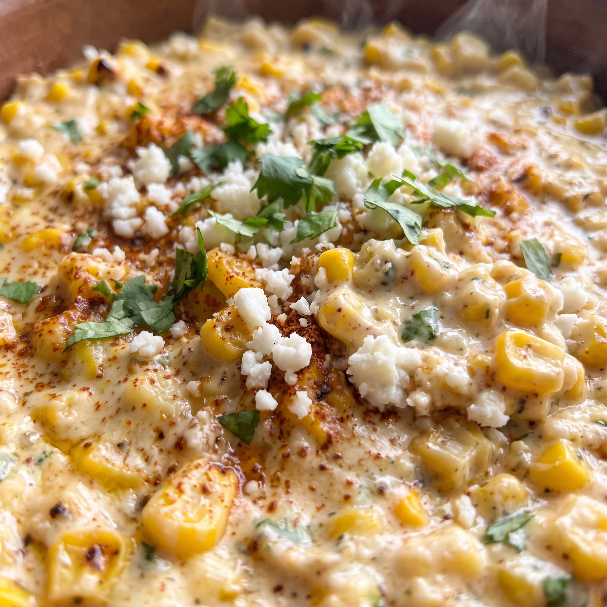 Golden corn kernels in a creamy base, speckled with white cotija crumbles and green cilantro.