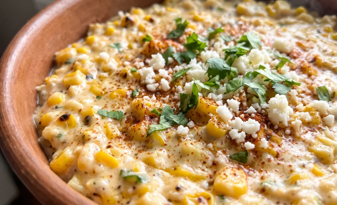 Creamy corn dip topped with crumbled cotija, cilantro leaves, and a dusting of chili powder.