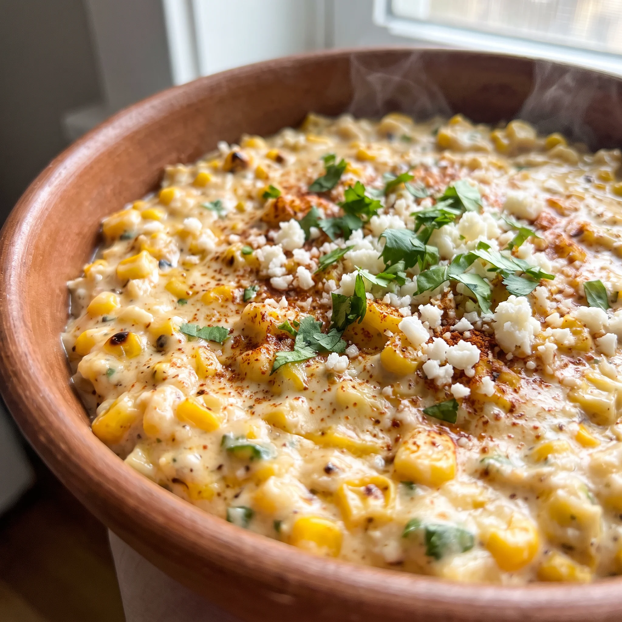 Creamy corn dip topped with crumbled cotija, cilantro leaves, and a dusting of chili powder.