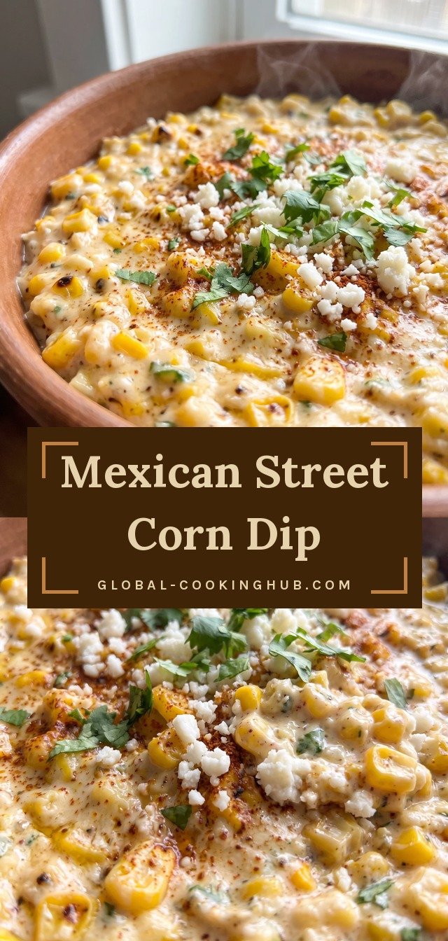 Creamy corn dip with yellow corn kernels, white crumbled cotija, green cilantro, and red chili powder, thick and chunky.
