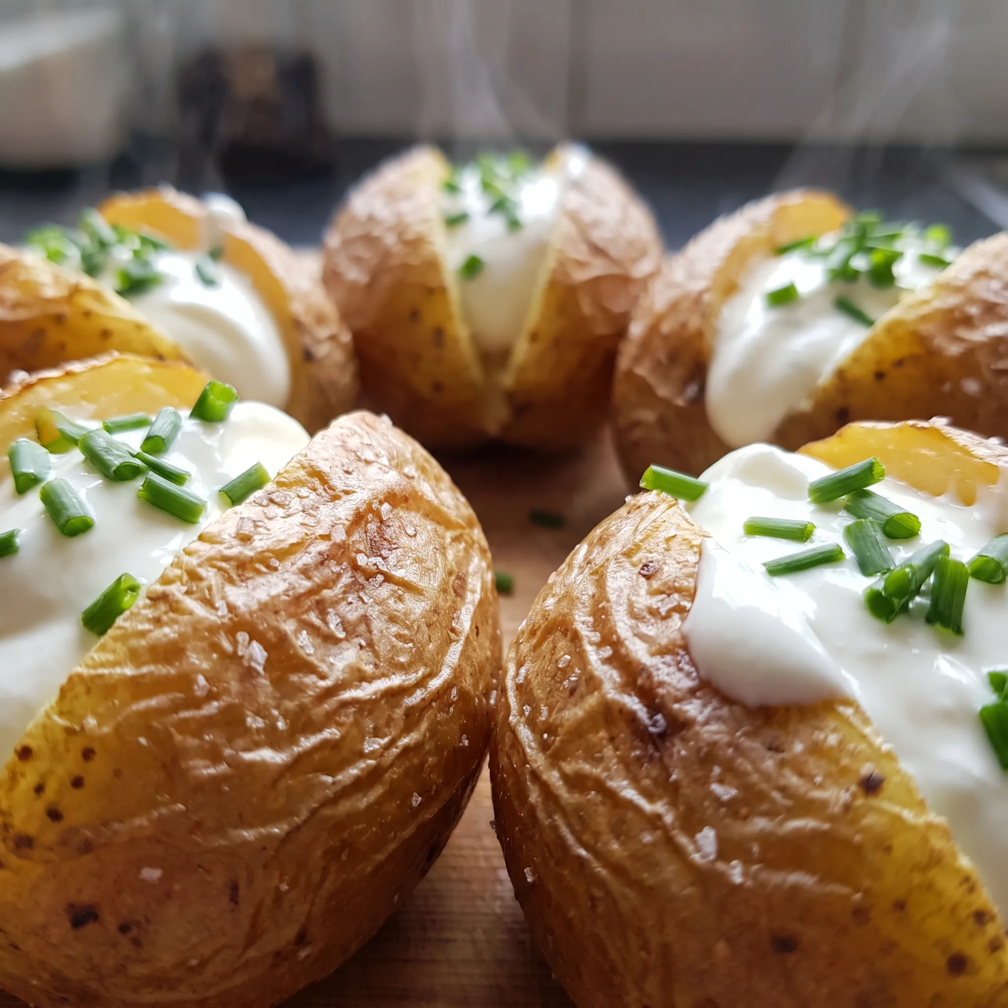 Creamy sour cream melting into split baby potatoes, speckled with bright green chive pieces.