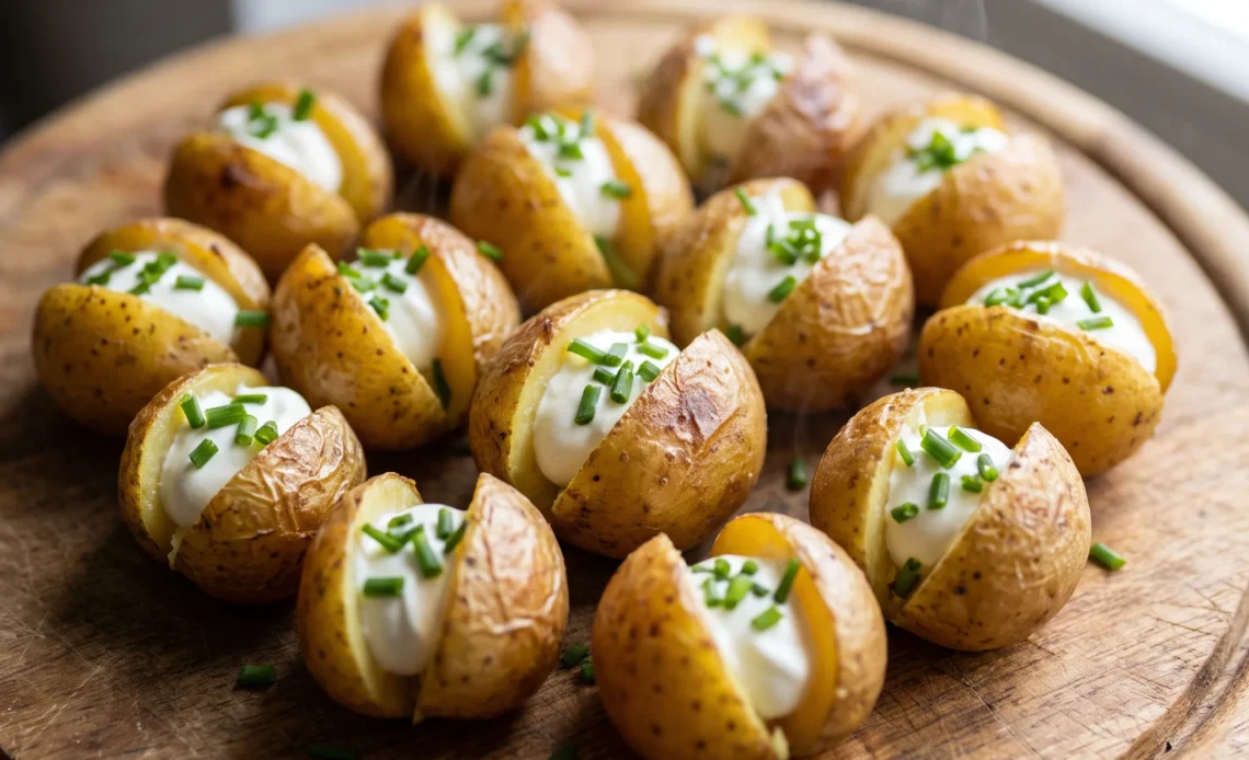 Mini baked potatoes topped with sour cream and chopped chives, golden skins with fluffy white interiors.