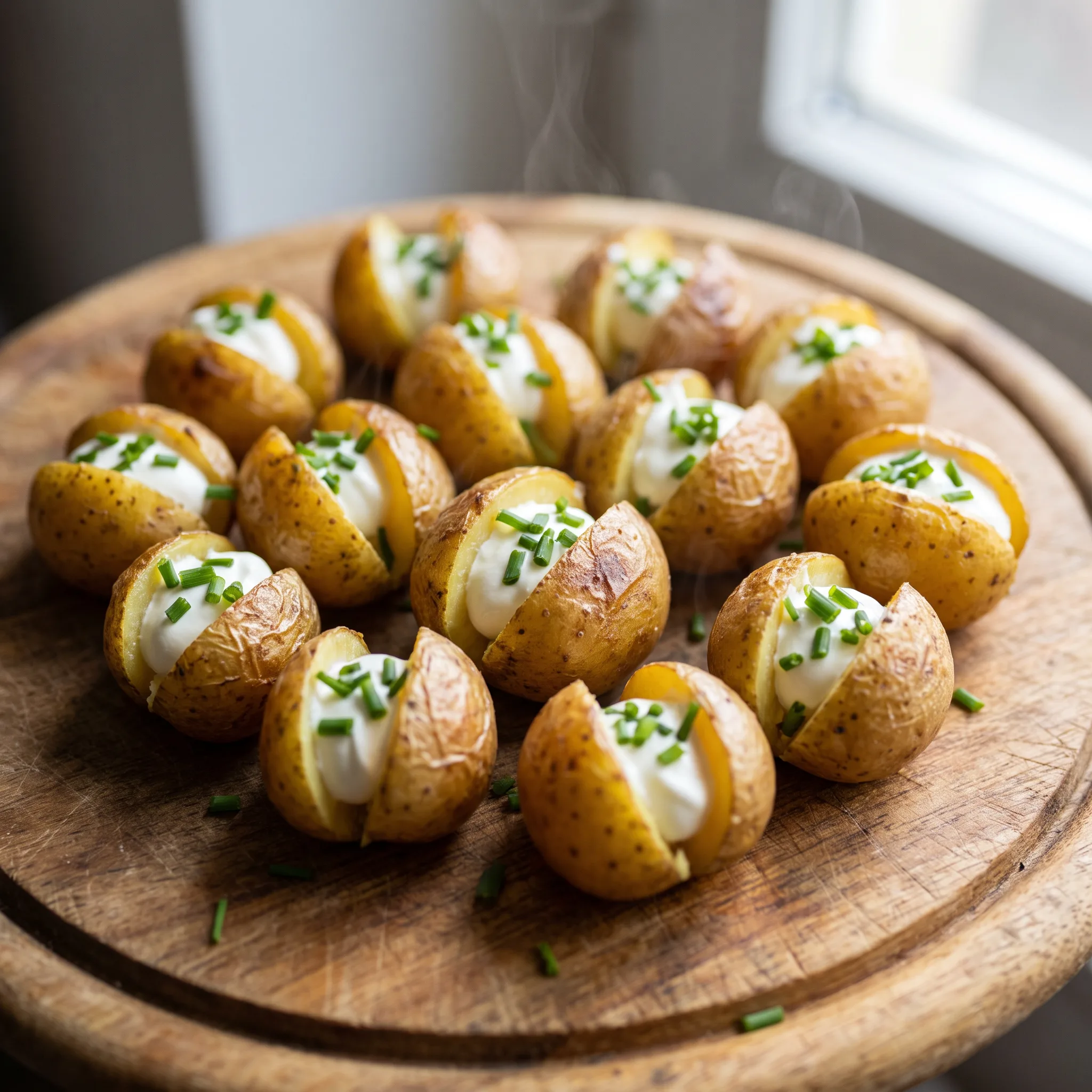 Mini baked potatoes topped with sour cream and chopped chives, golden skins with fluffy white interiors.