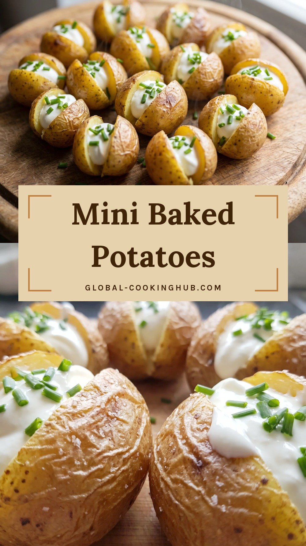 Wooden board of small baked potatoes topped with sour cream and chives.