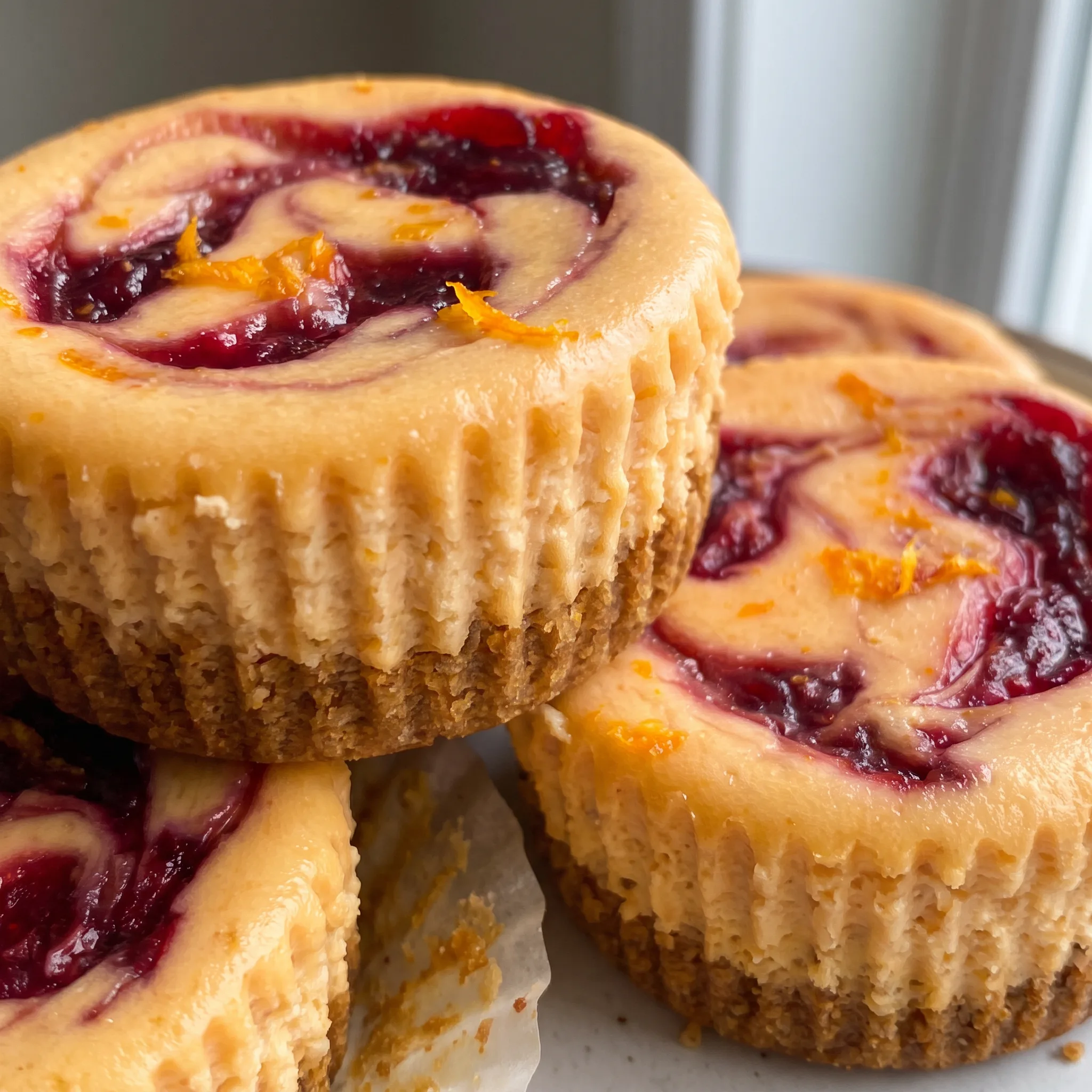 Creamy cheesecake surface with a swirl of orange zest and a glossy cranberry on top.