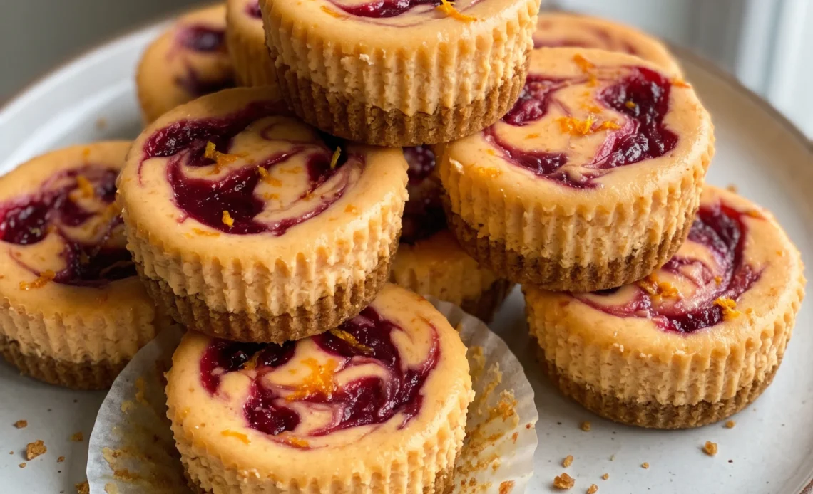Mini cranberry orange cheesecakes with cream cheese filling, topped with whole cranberries and orange zest.