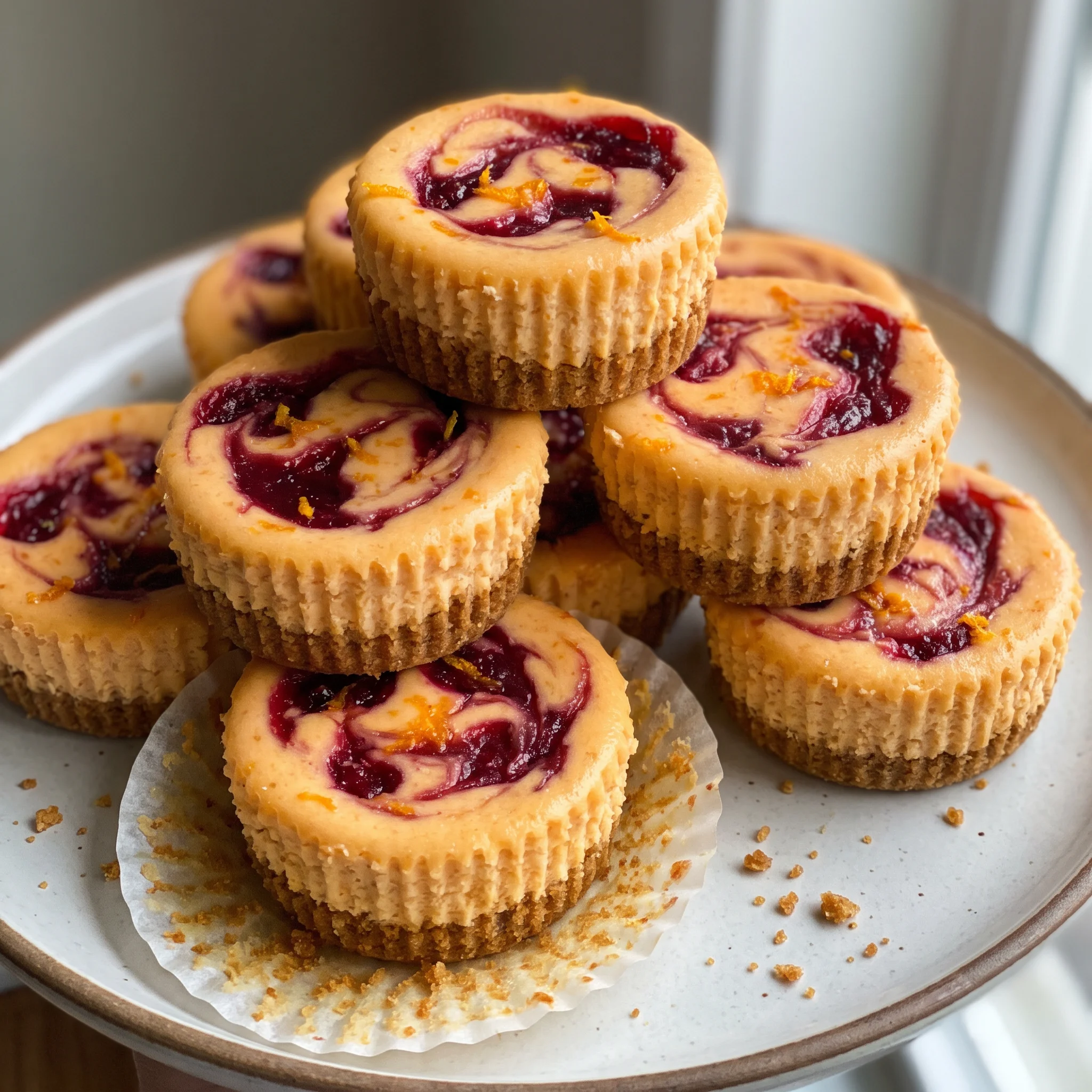Mini cranberry orange cheesecakes with cream cheese filling, topped with whole cranberries and orange zest.