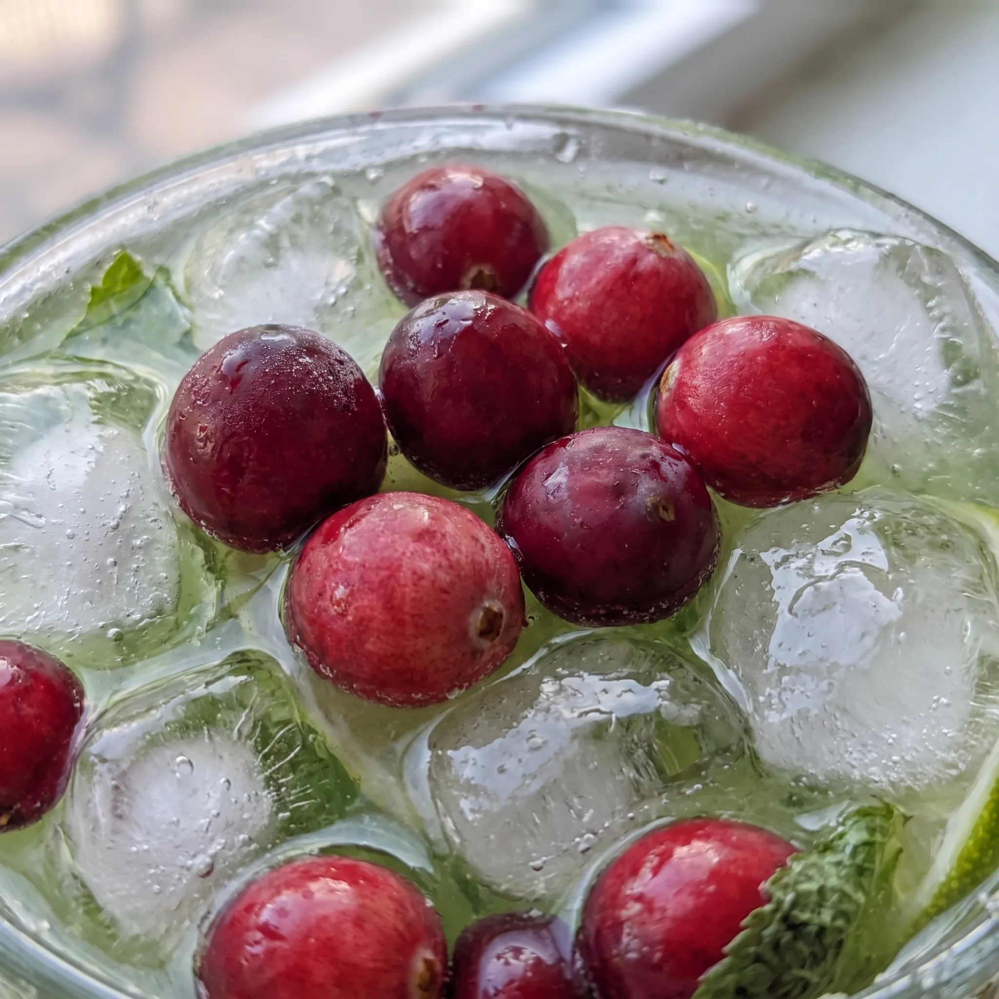 Tart cranberry red drink with a lime wedge, floating cranberries, and fresh mint leaves.