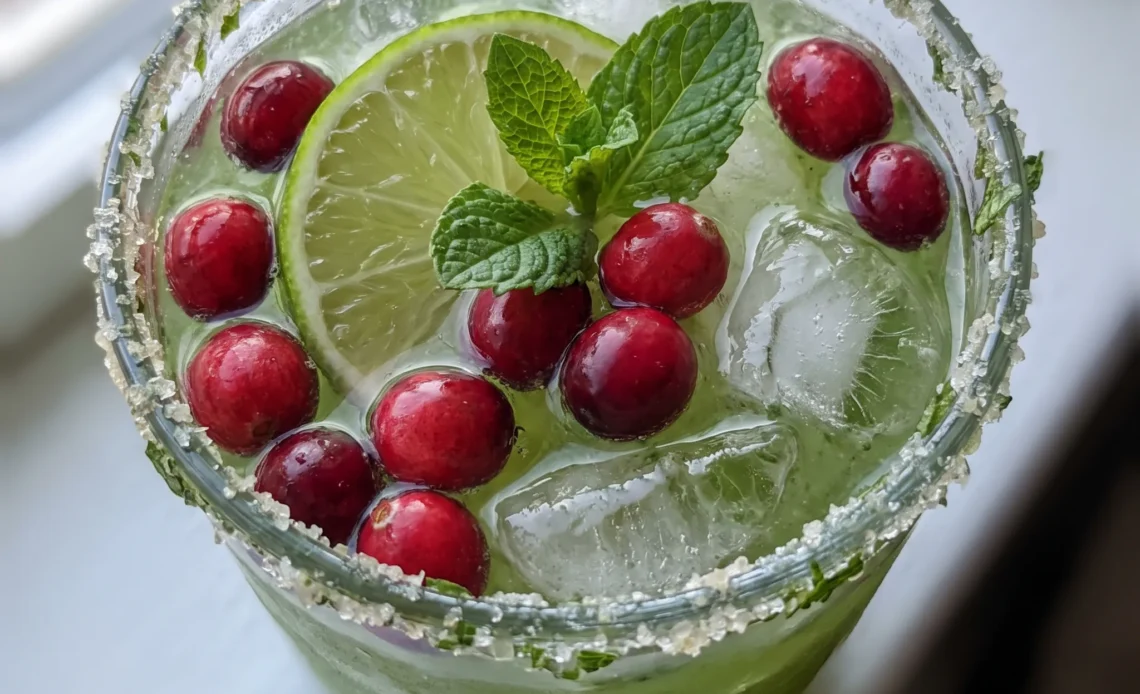 Mistletoe Margarita in a glass with cranberry juice, tequila, lime, fresh cranberries, and mint.
