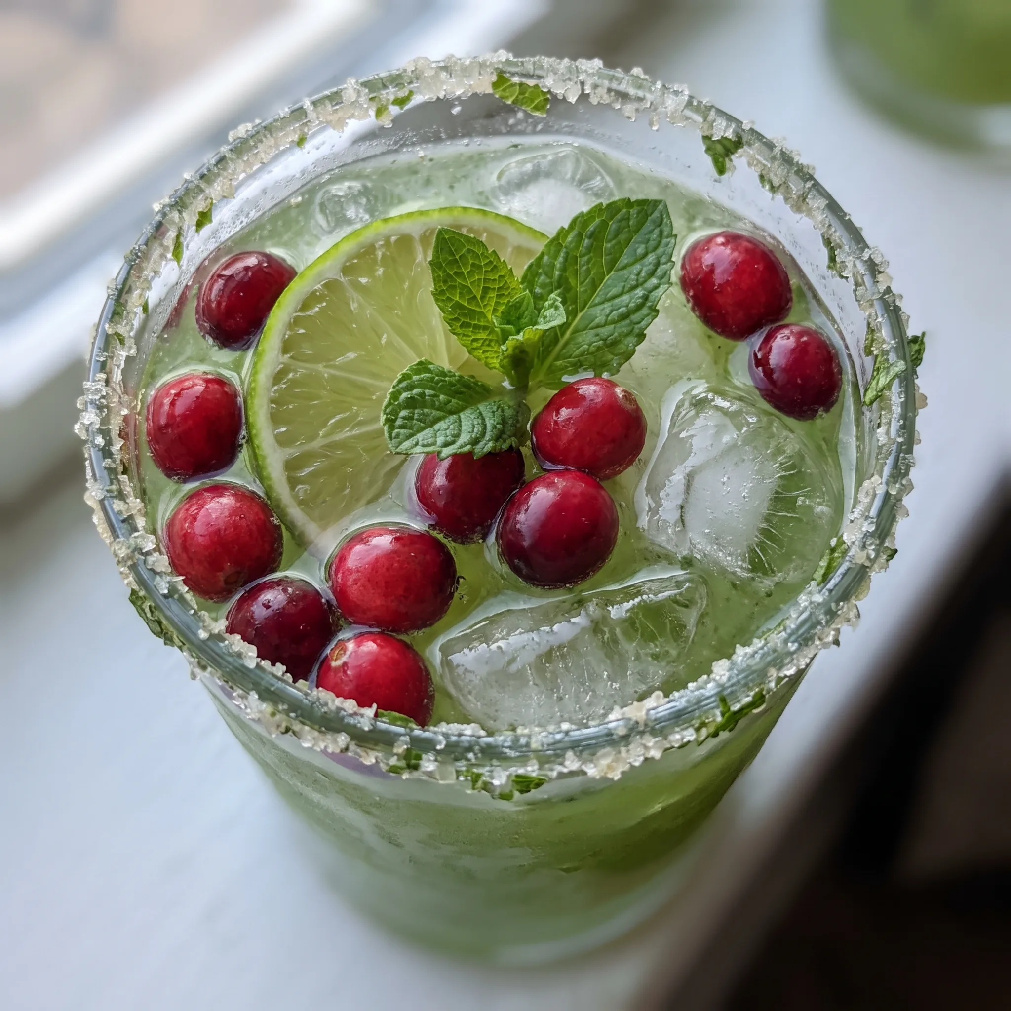 Mistletoe Margarita in a glass with cranberry juice, tequila, lime, fresh cranberries, and mint.
