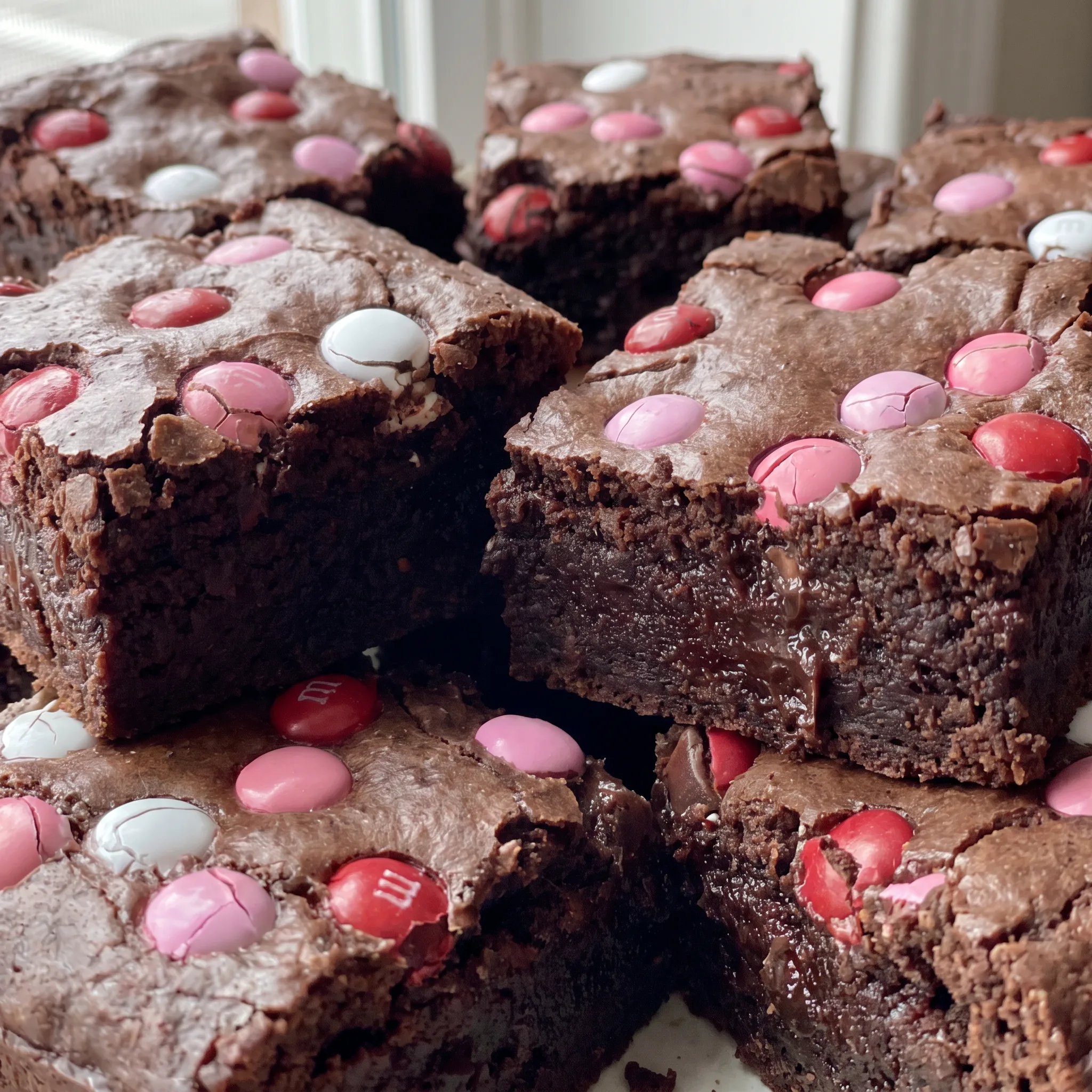 Fudgy chocolate brownie squares dotted with colorful M&M candies and a shiny cocoa top.