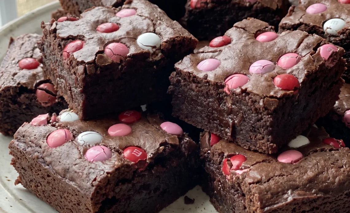 Chocolate brownies with M&M candies pressed into the top and a crackled cocoa powder crust.