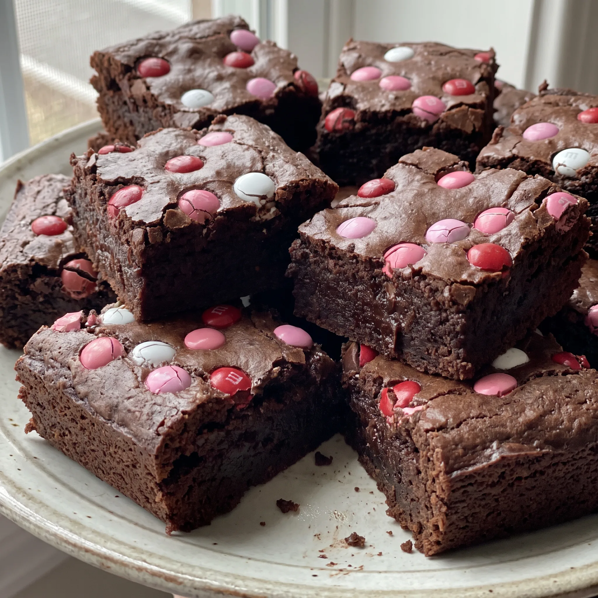 Chocolate brownies with M&M candies pressed into the top and a crackled cocoa powder crust.
