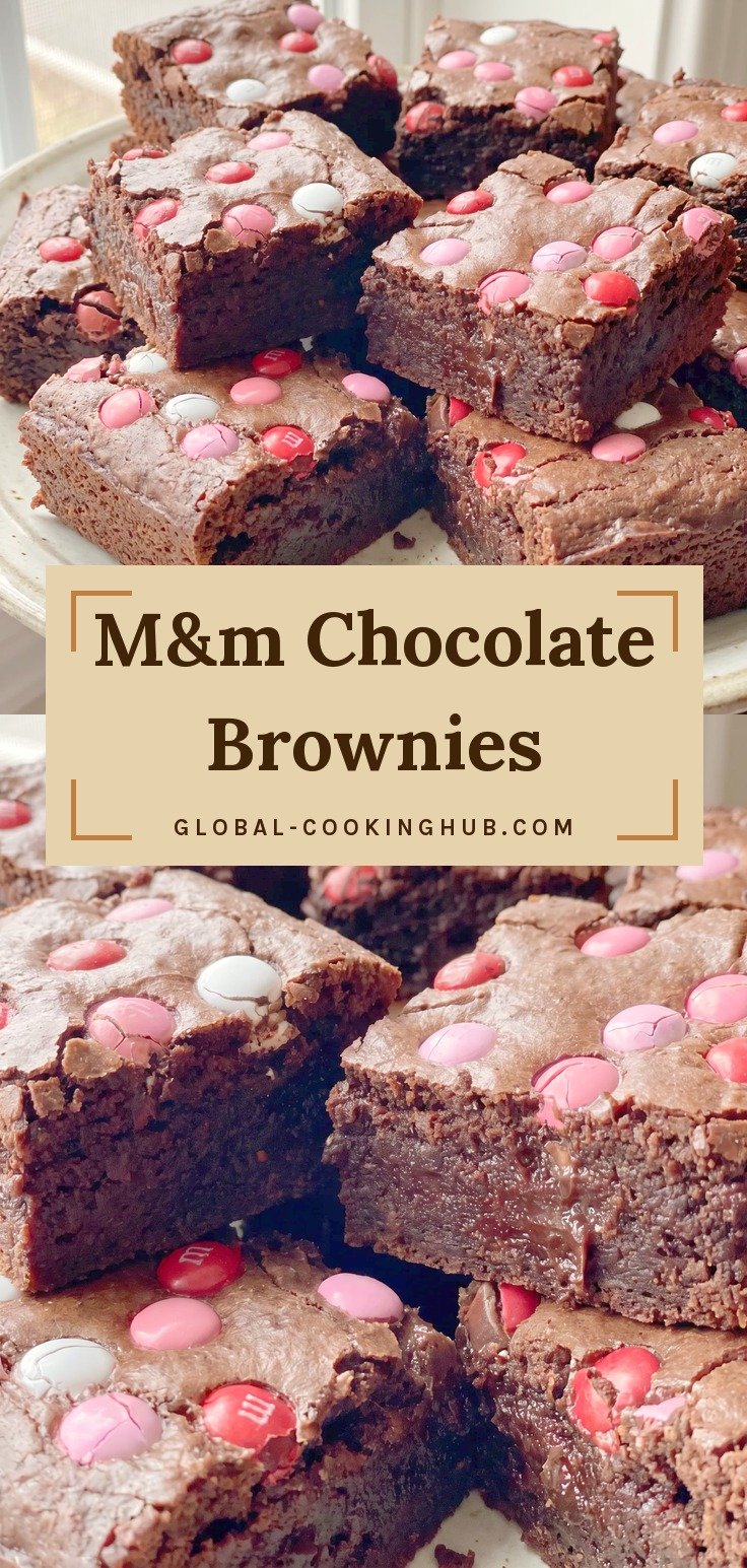 Fudgy brownie squares topped with pink, red and white candy-coated chocolates.