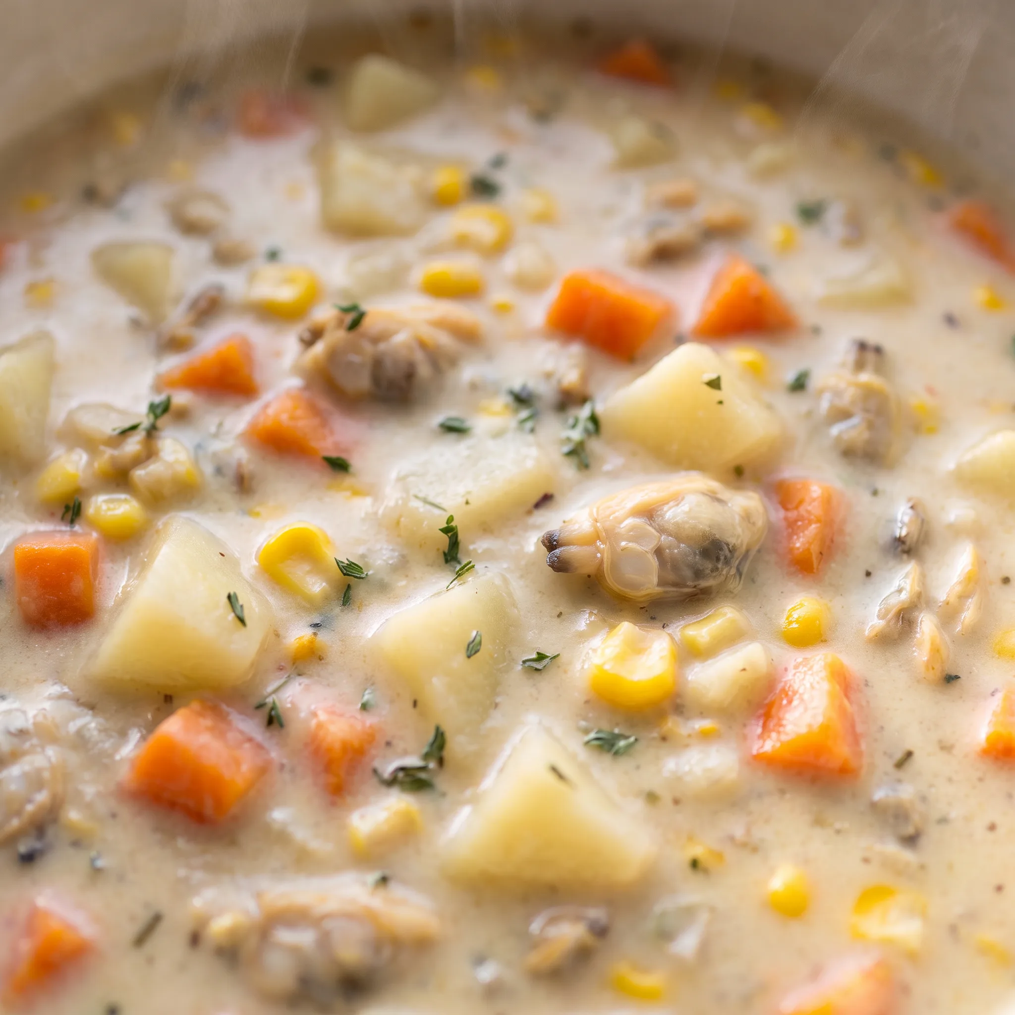 Creamy chowder with tender clam pieces, diced potatoes, corn kernels and flecks of bacon and leek.