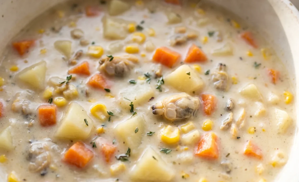 New England clam chowder with clams, bacon, potatoes, corn and leek in a creamy milk base.