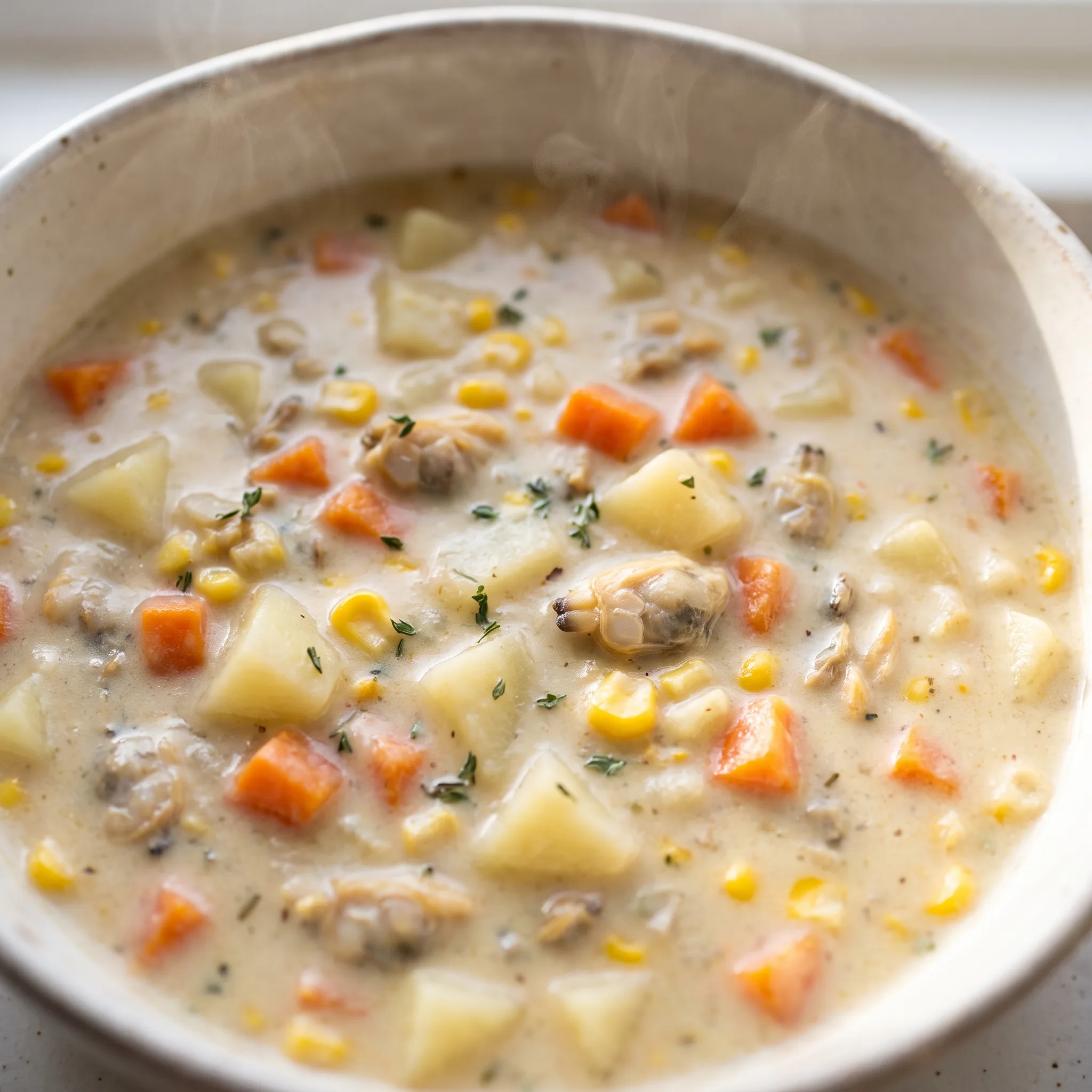 New England clam chowder with clams, bacon, potatoes, corn and leek in a creamy milk base.