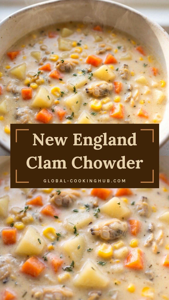 Creamy white clam chowder with chopped clams, crisp bacon bits, diced potatoes, yellow corn, and sliced leek in a thick milky broth.