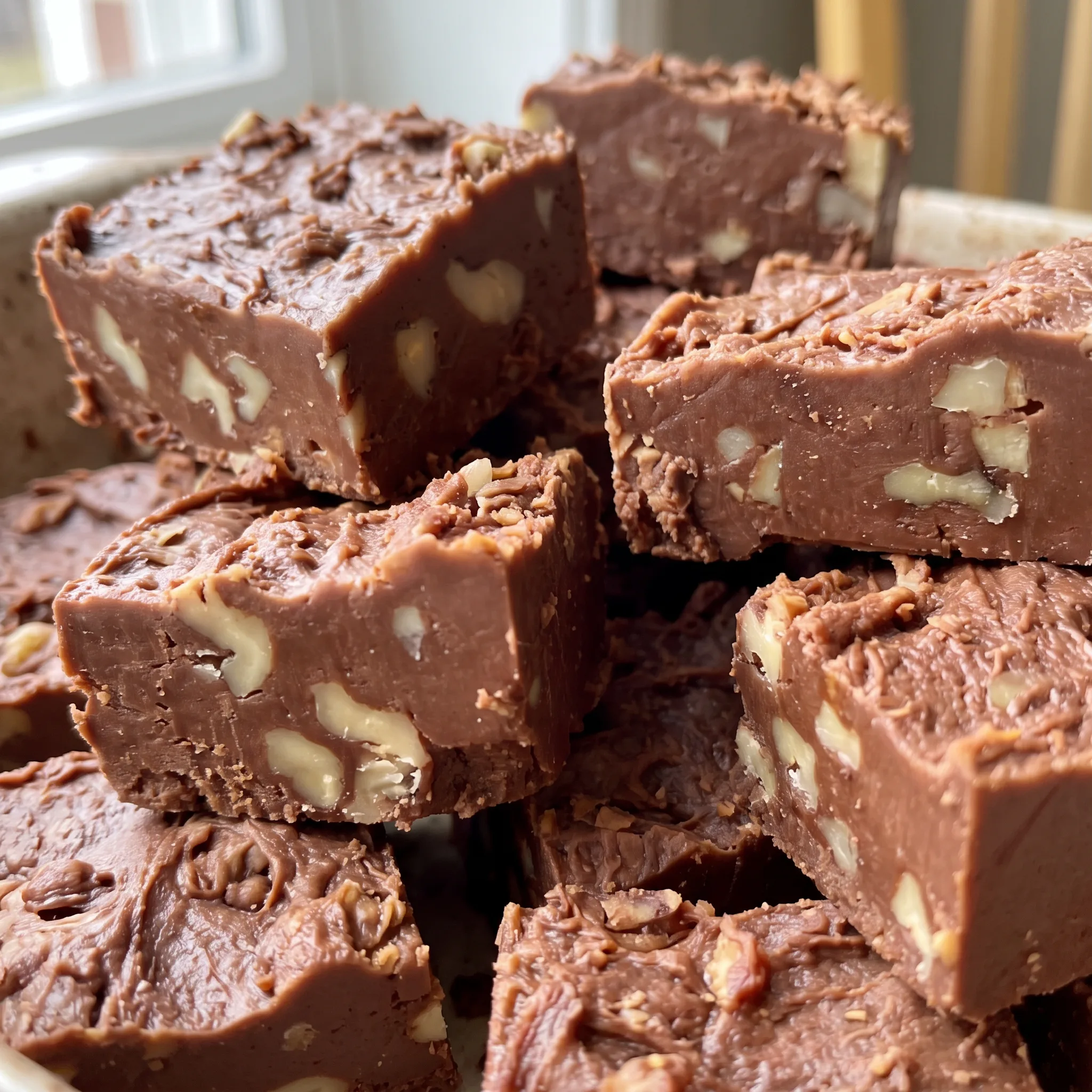 Dark chocolate fudge surface dotted with walnut pieces, glossy top giving way to a soft, creamy interior.