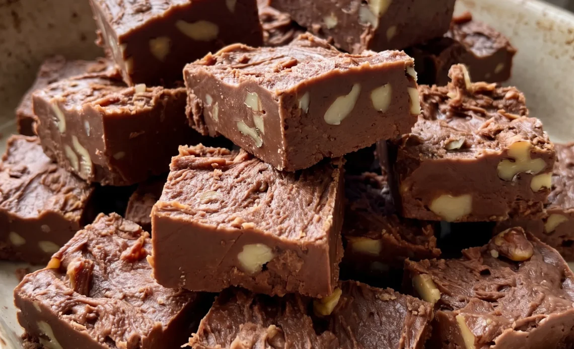 Squares of semisweet chocolate fudge with walnuts, smooth dark brown tops, cut edges showing dense chewy texture.